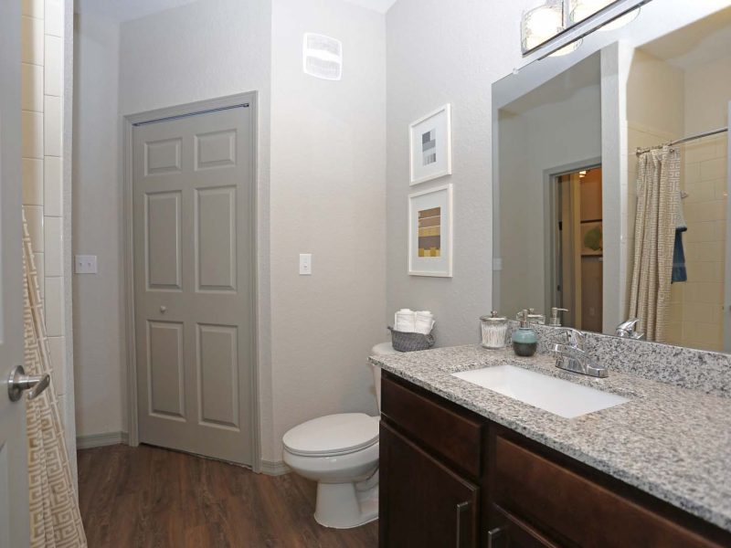 This image shows a door view of the bathroom that is spacious and accessible. It has granite countertops with a beautiful mirror and lighting on top.