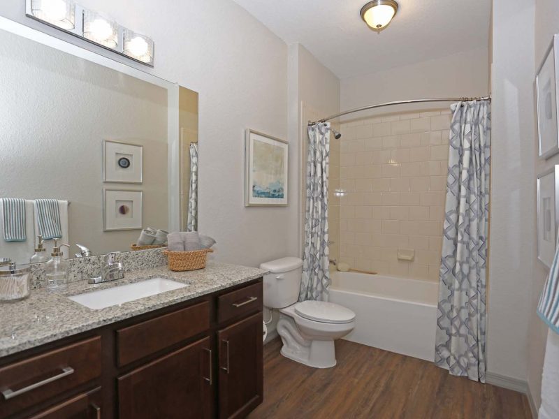 This image shows a bathroom granite countertops with a beautiful mirror and lighting. It features a soaking tub with a standing shower.