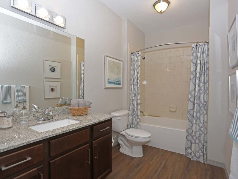 This image shows a bathroom granite countertops with a beautiful mirror and lighting. It features a soaking tub with a standing shower.