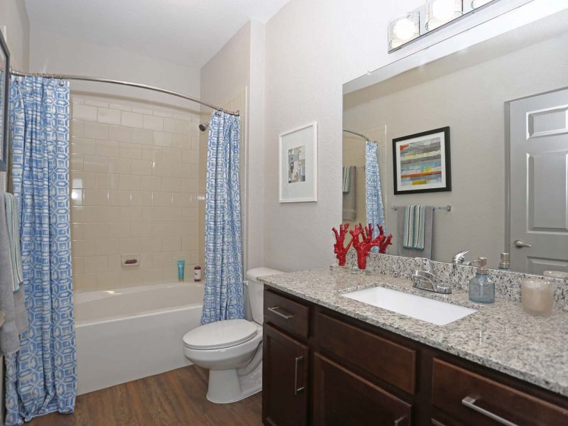 This image shows a bathroom granite countertops with a beautiful mirror and lighting. It features the soaking tub with a standing shower and hanging towel.