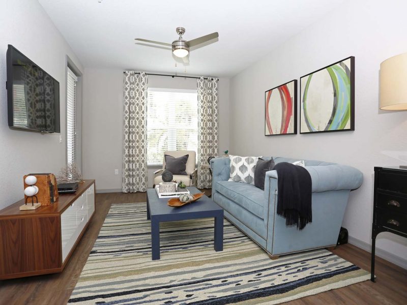This image shows the premium feature in the living room area with modern floor mats and modern interior design that was ideal for a neat atmosphere. There's a hanging TV over the wooden cabinet and a ceiling fan.