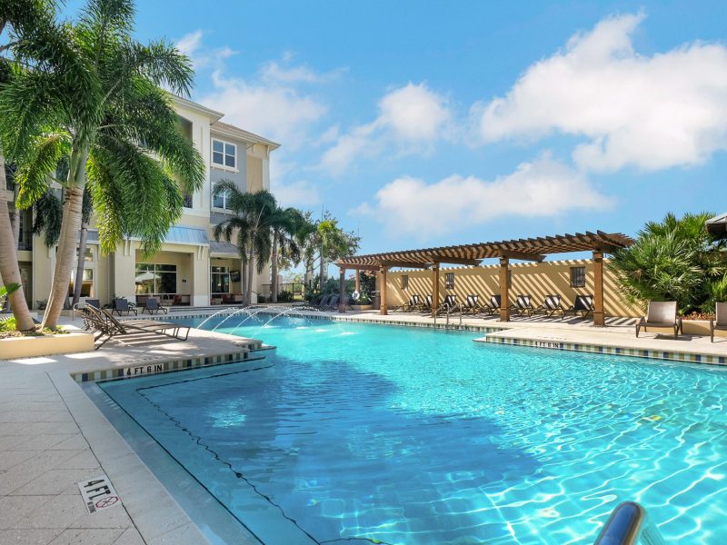 Luxury tropical swimming pool with palm trees, lounge chairs, and modern resort architecture.