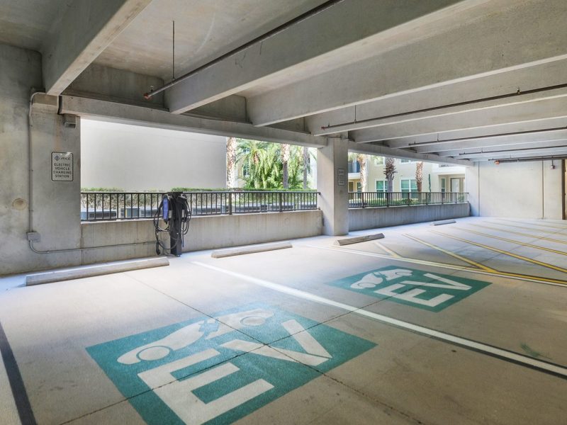 Modern electric vehicle parking garage with EV charging stations and sustainable design.